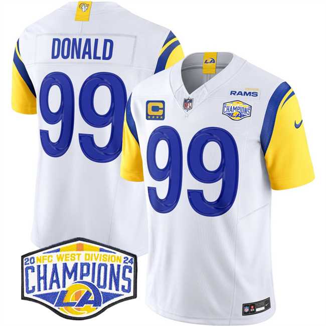 Men%27s Los Angeles Rams #99 Aaron Donald White 2024 NFC West Champions With 4-Star C Patch F.U.S.E. Vapor Untouchable Stitched Jersey->los angeles rams->NFL Jersey